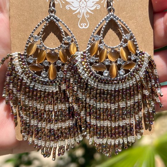 Beaded Earrings Artisan Handmade Jewel Dangle Drop Tassel Long Fringe Sparkle - Picture 5 of 7